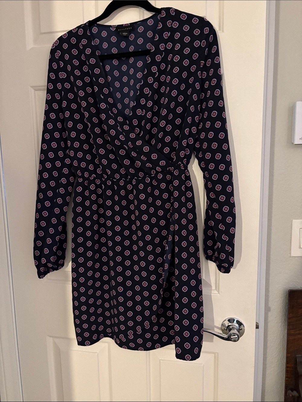 Metaphor Navy Long-Sleeve Wrap Dress with Pink Geo Motif